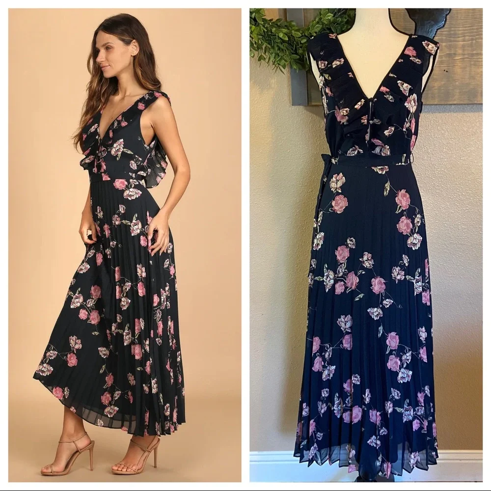 NWOT Lulus Loved By You Navy Blue Floral Print Pleated Chiffon Maxi Dress_11